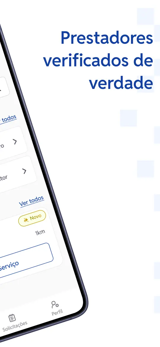 Imagem de divulgação do app com a frase "Prestadores verificados de verdade" ao lado de um celular com a lista de prestadores.
