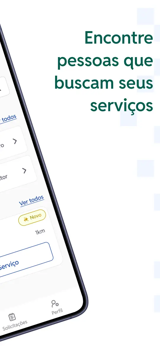 Imagem de divulgação do app com a frase "Encontre pessoas que buscam seus serviços" ao lado de um celular com a tela inicial.