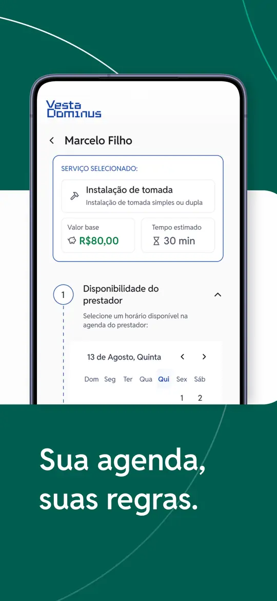 Imagem de divulgação do app com a tela de um serviço com valor base e horários.